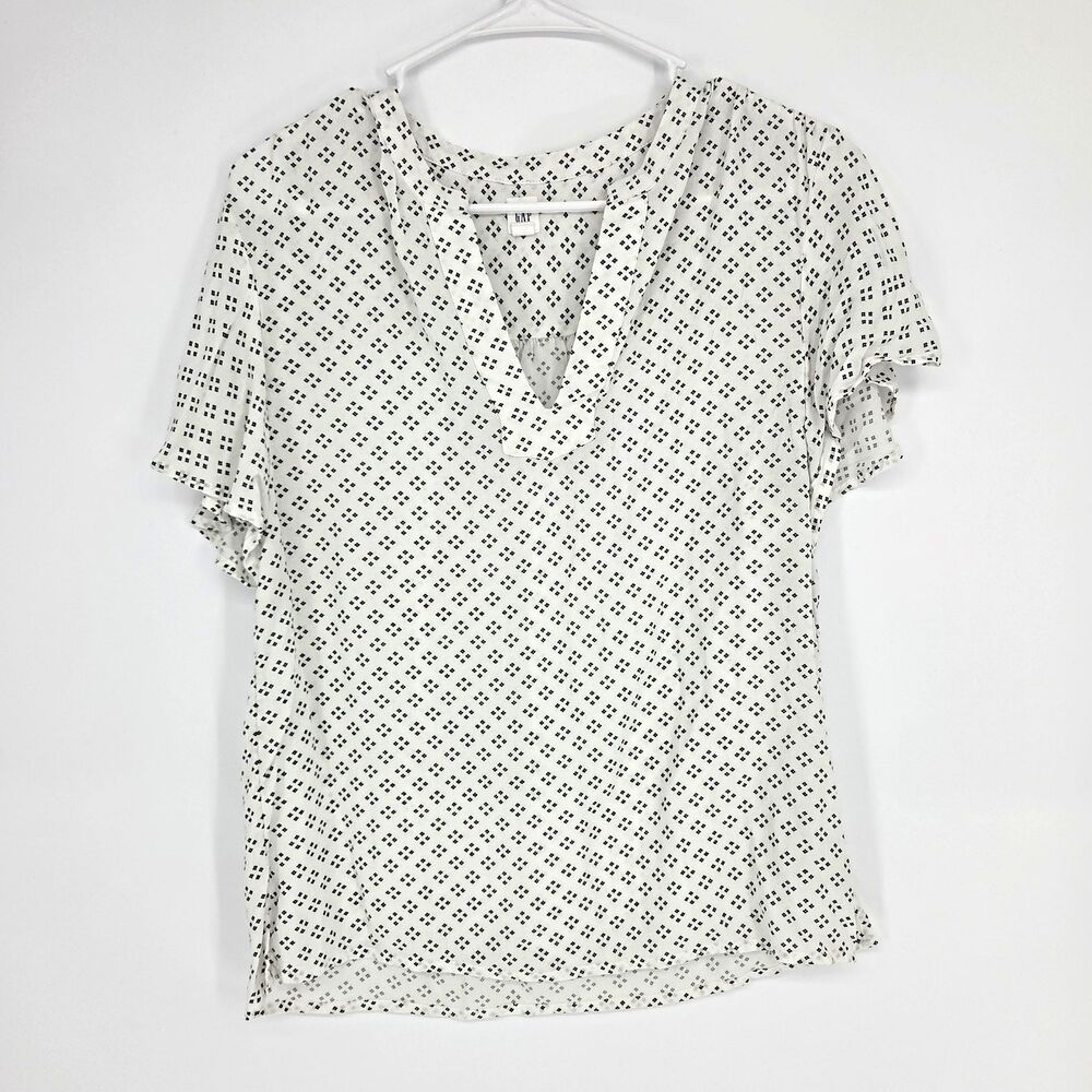 GAP Womens White Black Geometric Print V-Neck Flutter Sleeve Blouse Size Medium